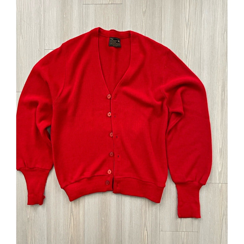 JCPenney Womens Vintage Red V-Neck Button Front Cardigan Orlon Acrylic Sz M